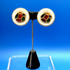 Vintage EARRINGS clip-on 1980s 1990s jeweled tones poured resin white fabric