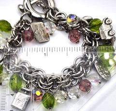 Vintage silvertone & glass charm bracelet with rare car, gold card, cell phone