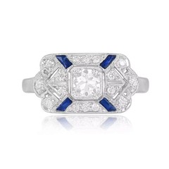 Antique ArtDeco LabCreated Sapphire Diamond Milgrain Engagement 14K Gold FN Ring