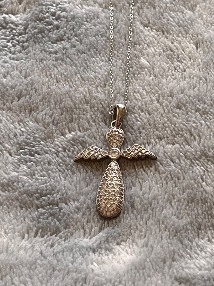 Sterling Silver new! JTV Cubic Zirconia Angel Wings Cross Pendant Necklace 18”