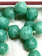 Newhouse..Molded Glass Faux Jade Necklace..25”..pretty flowered Clasp