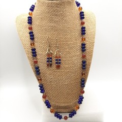 Egyptian Revival Carnelian And Blue Glass Vintage Necklace And Earrings Set