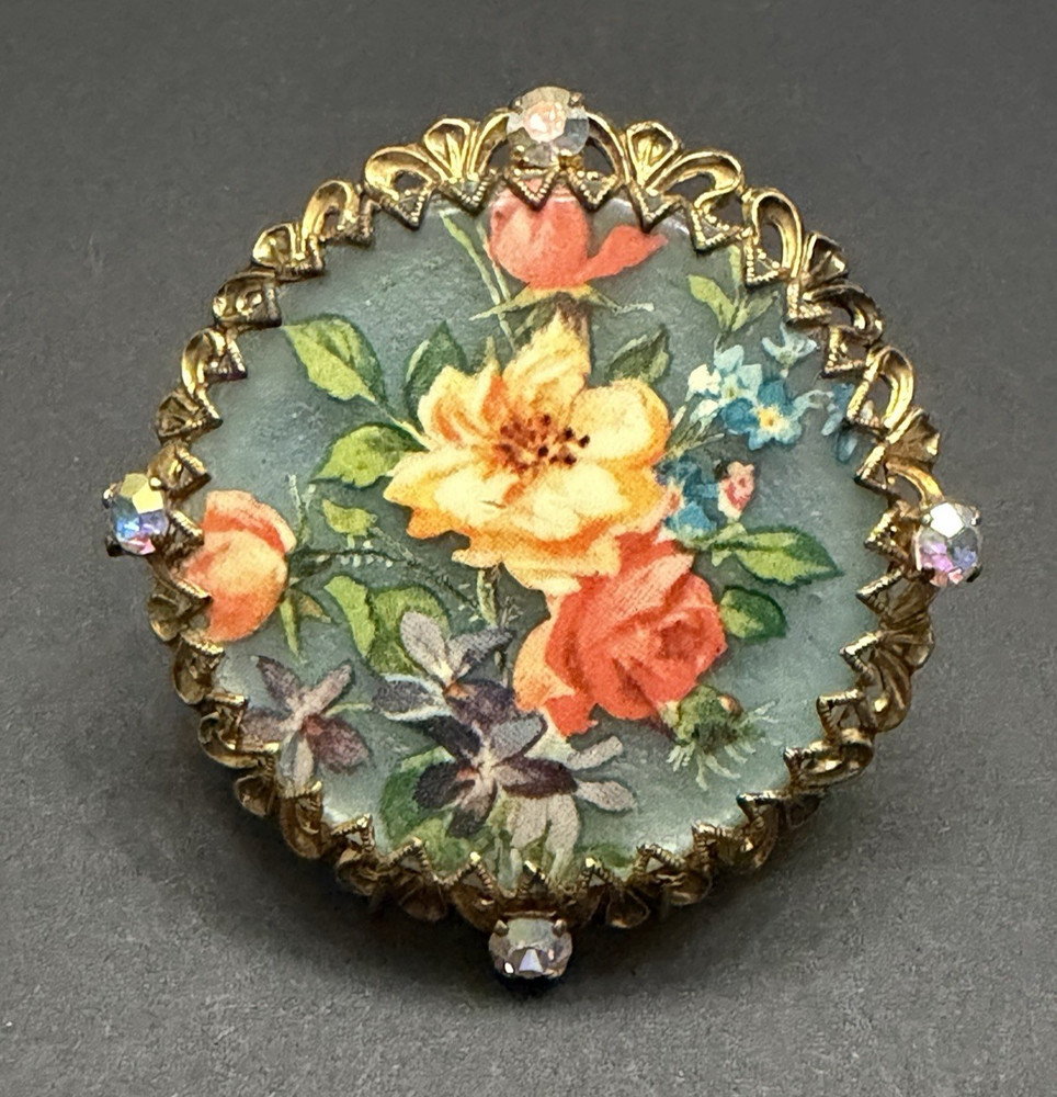 GORGEOUS Vintage FLORAL Brooch w/Aurora Borealis Rhinestones – 2-1/4″ (CD10)
