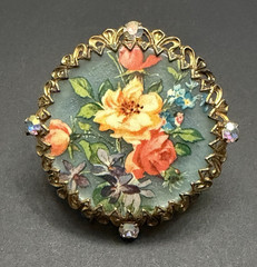 GORGEOUS Vintage FLORAL Brooch w/Aurora Borealis Rhinestones – 2-1/4″ (CD10)