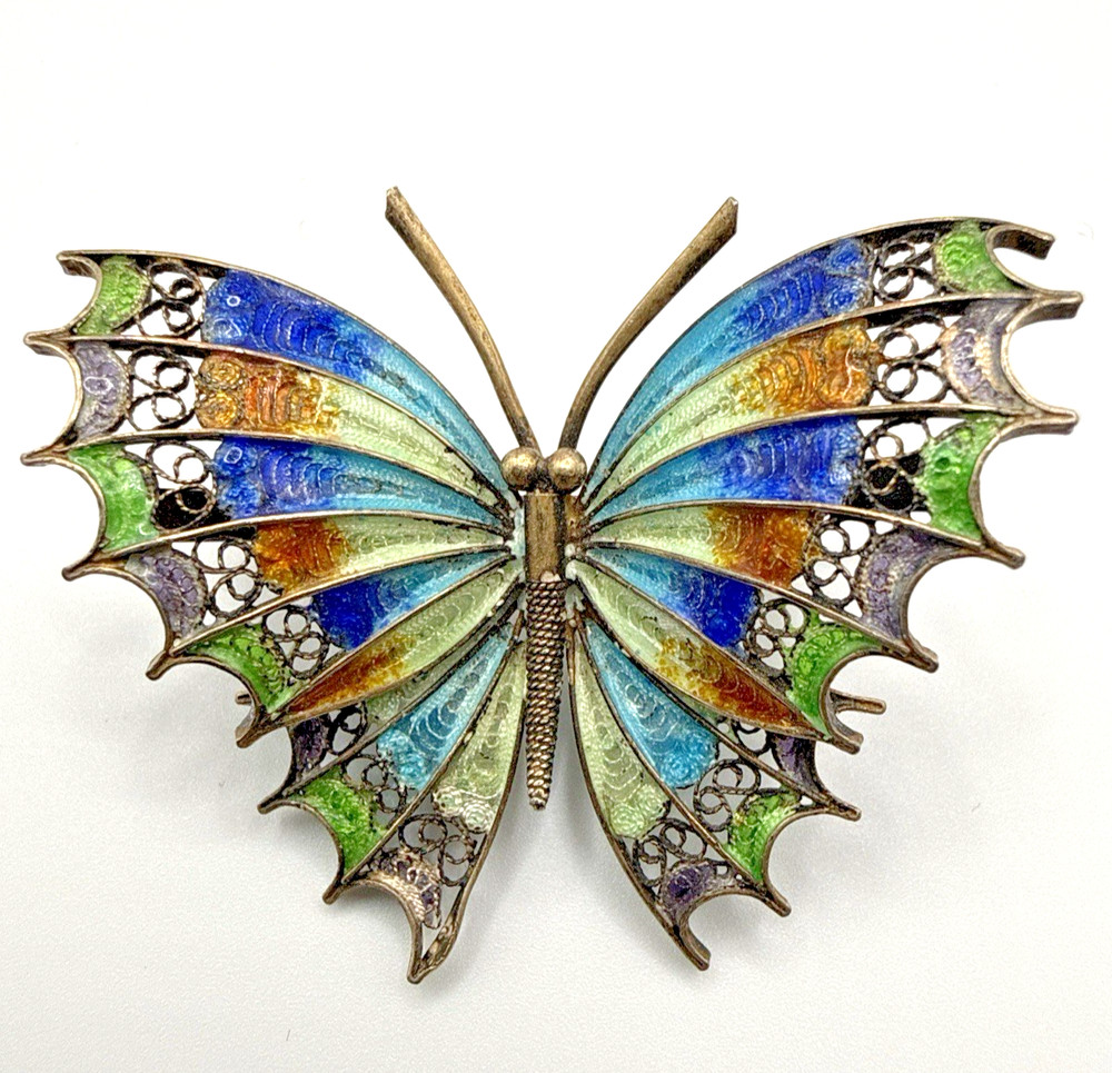 Antique 800 Silver Filigree Enamel Butterfly Brooch Multicolor Blue Green Pin