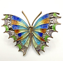 Antique 800 Silver Filigree Enamel Butterfly Brooch Multicolor Blue Green Pin