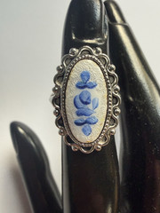 Vintage 14K White Gold Plated Uncaclad Guilloche Blue Rose Flower Ring Size 4.5
