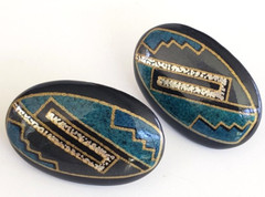 Vintage Art Deco Revival Resin Black Green Oval Pierced Earrings 1-3/16″