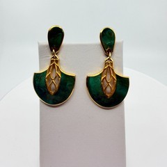 Vintage Green Enamel Gold Tone Geometric Ribbon Swirl Statement Clip On Earrings