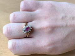 VINTAGE 14K YELLOW GOLD RED NAVETTE MARQUISE CUT GENUINE RUBY AND DIAMONDS RING