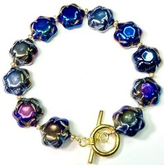 Artisan Toggle Bracelet Molded Glass Flower Black Iridescent Oil Slick AB 8.5 in