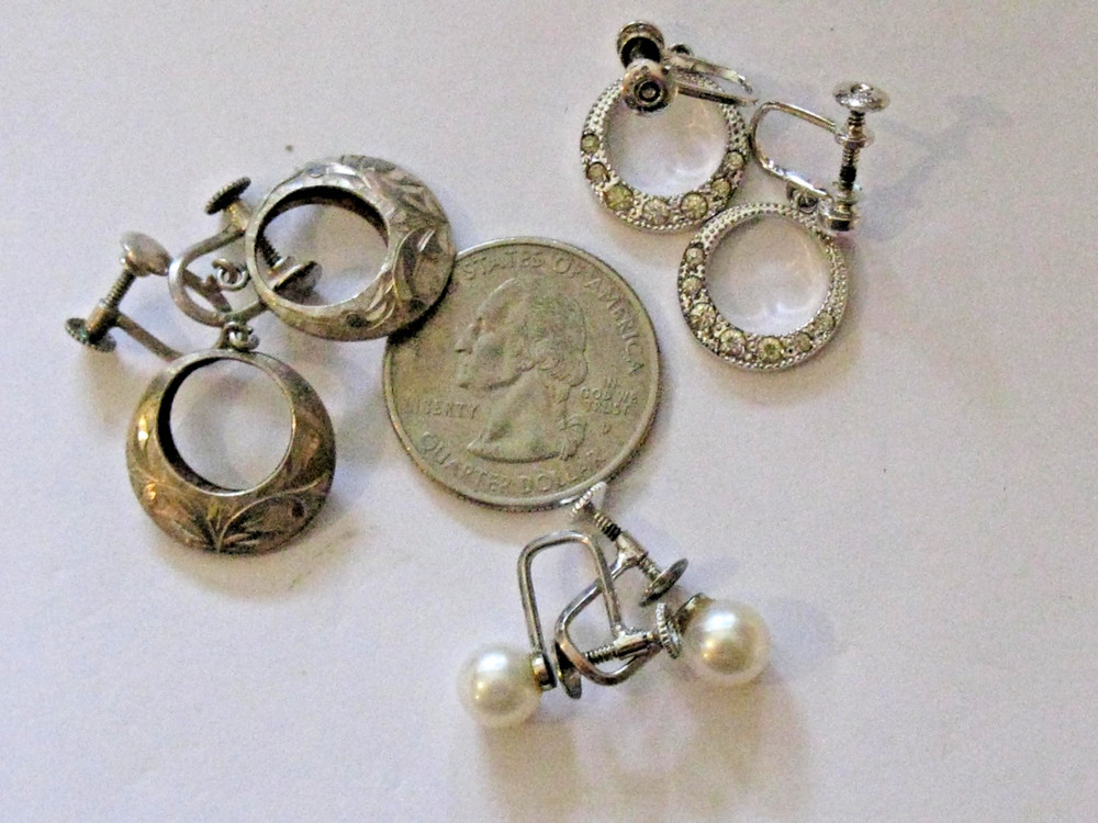 VINTAGE LOT OF 3 STERLING SILVER 925 Stone Pearl filigree SCREW BACK EARRINGS