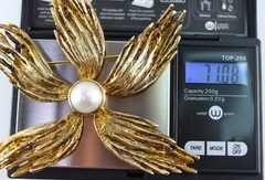 Vtg MCM Sterling Modernist Flower Brooch Mabe Pearl Gold Vermeil 5″ 71g Signed