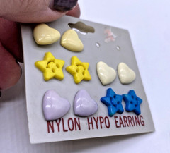Vintage Earrings 90s Nylon Hypo Earring Studs Hearts Stars Girls New Unused Prop