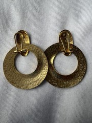 Vintage Cloisonne Enamel Floral Door Knocker Hoop Earrings Gold Tone Blue