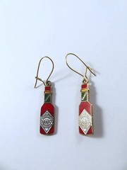 Cloisonne Earrings Tabasco Sauce Bottle Dangles Enamel Metal French Wire Closure