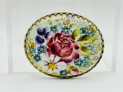 Vintage Floral Porcelain Brooch ~ Romantic Rose & Forget Me Not Oval Pin
