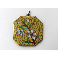 Vintage Cloisonné Enamel Floral Pendant Yellow Octagon Asian Charm
