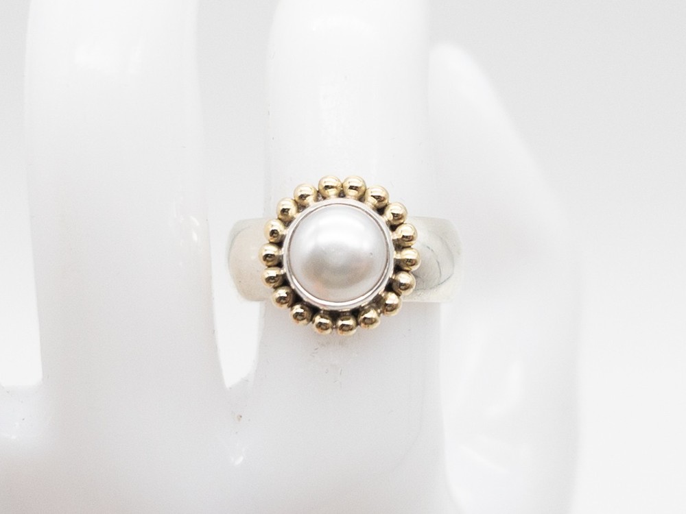 $450 NEPAL T SIELIE Cultured 9mm Pearl 14k Yellow Gold Sterling Silver Ring
