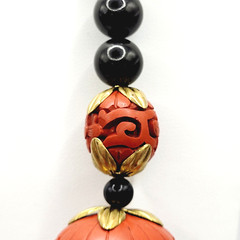 Asian Chinese Inspired Red Carved Cinnabar Black Onyx Bead Beaded Necklace 33 In