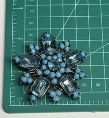 Vintage Brooch Pot Metal Glass Acrylic Blue Rhinestones Flower Starburst