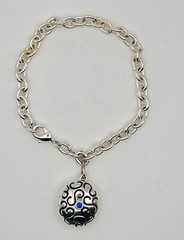 Vintage Silver Tone Chunky Chain Bracelet with Oval Enamel Locket & Blue Crystal