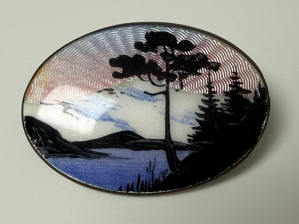 VTG Aksel Holmsen Sterling Silver Enamel Brooch Norway Norwegian Guilloché