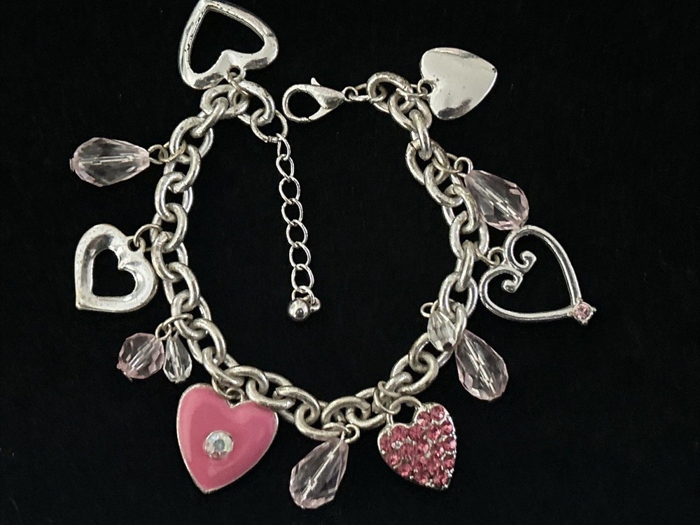 Vintage Silver Tone Heart Charm Bracelet Pink Rhinestone Dangle Lobster 8.5”Adj
