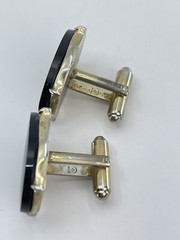 Vintage Black Onyx mens cufflinks oval gold tone bullet back 7/8″