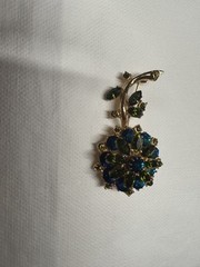 VTG Edlee Capri Rivoli Flower Brooch Blue Green Olivine Rhinestones Mid Century