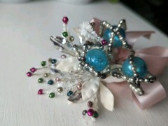 Vintage Atomic MCM Blue Mercury Glass Ball Silver Beads Corsage Pin Rare Find