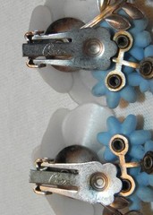 Vintage 60s Coro Blue & White Plastic Flower Clip Earrings Rhinestones Enamel
