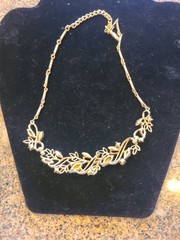 Necklace bib style goldtone w/ red & pink rhinestones. MCM. Vintage