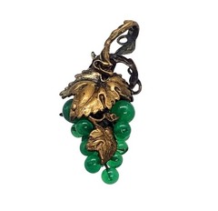 Vintage Green Jade Bead Grape Cluster Pendant w/Gold Tone Brass Leaves Detail 2″