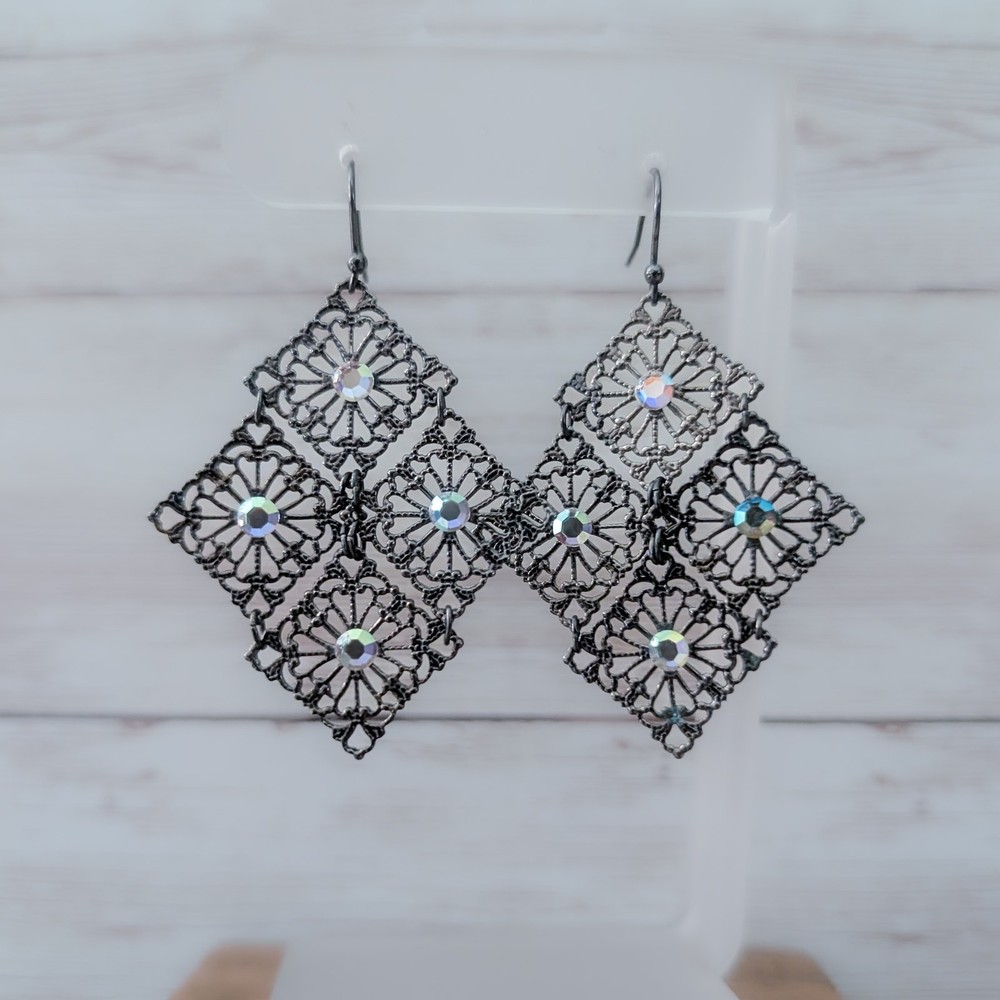 Vintage Dangle Earrings For Pierced Ears Dark Metal with Iridescent Gems