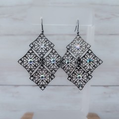 Vintage Dangle Earrings For Pierced Ears Dark Metal with Iridescent Gems