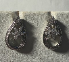 Vintage Nolan Miller Tear Drop Earrings Silvertone Crystal Flowers 3/4”