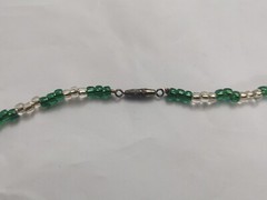 Vtg Hand Beaded Necklace Green Clear Beads Silver Tone Closure Costume Jewelry