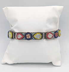 Vintage Micro Mosaic Link Bracelet Multi Color Floral Silver Tone 5 Panel