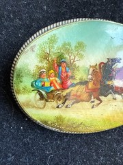 Vintage Russian Silver & Mother of Pearl Sleigh Ride Painted Brooch Pin 2”