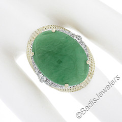 Two Tone Gold Oval Cabochon Jade w/ 0.60ctw Diamond Twisted Wire Cocktail Ring