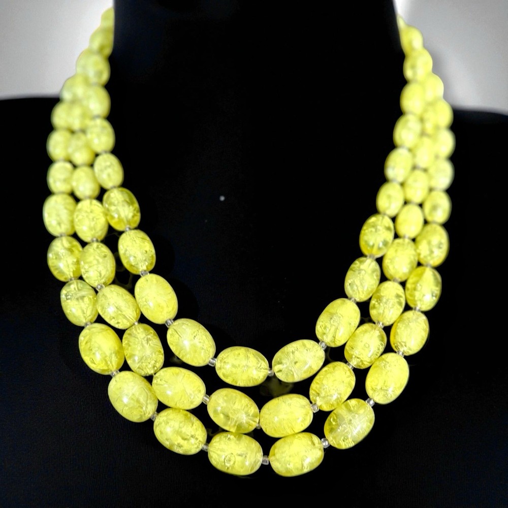 Austria Lucite Bead Necklace Yellow Multi Strand Mid Century Vintage Bib 18 Inch