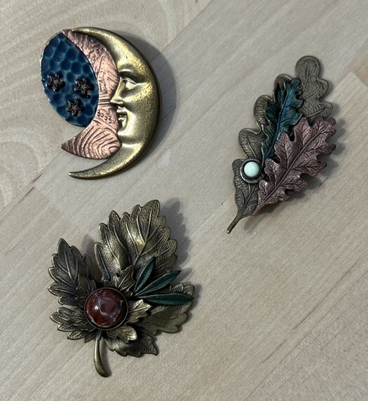 Vintage Lot – 3 Stamped Mixed Metals Brass Leaf Moon Stone – Silver Forrest Pins