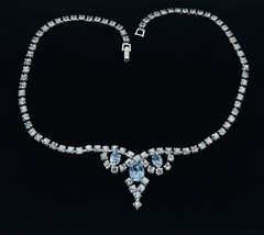 Vtg-BLUE RHINESTONE-Necklace-Choker-Ring-Bracelet-Clip-on Earrings SET