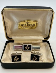 Vintage Anson Freemason Masonic Cufflinks Tie Bar Set Black Enamel Original Box
