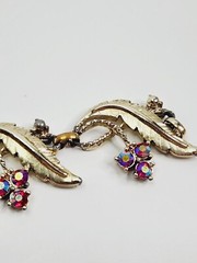 Vintage Judy Lee Signed Gold Tone Rhinestone Bracelet And Clip On Earrings Leaf