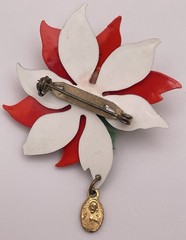 Poinsettia Holly Christmas Plastic Brooch with Dangling Religious Medal