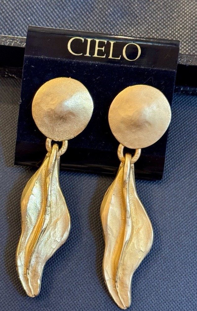 Vintage Gold Tone Dangle Wavy Drop Earrings Huge Runway Statement Jewelry 1980
