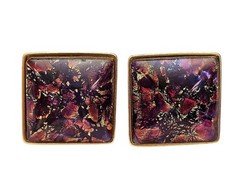 Yves Saint Laurent Purple Pink Foil Art Glass Square Clip On Earrings J672