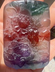 Natural Burmese Rainbow Amber Pendant Peony Carving Luminous Collectible Gift